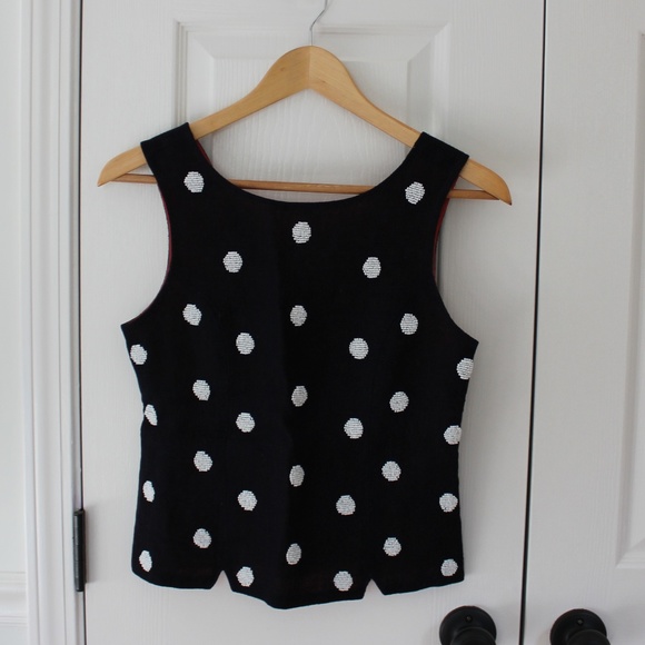 Anthropologie Tops - Anthropologie Navy Top White Beaded Polka Dots